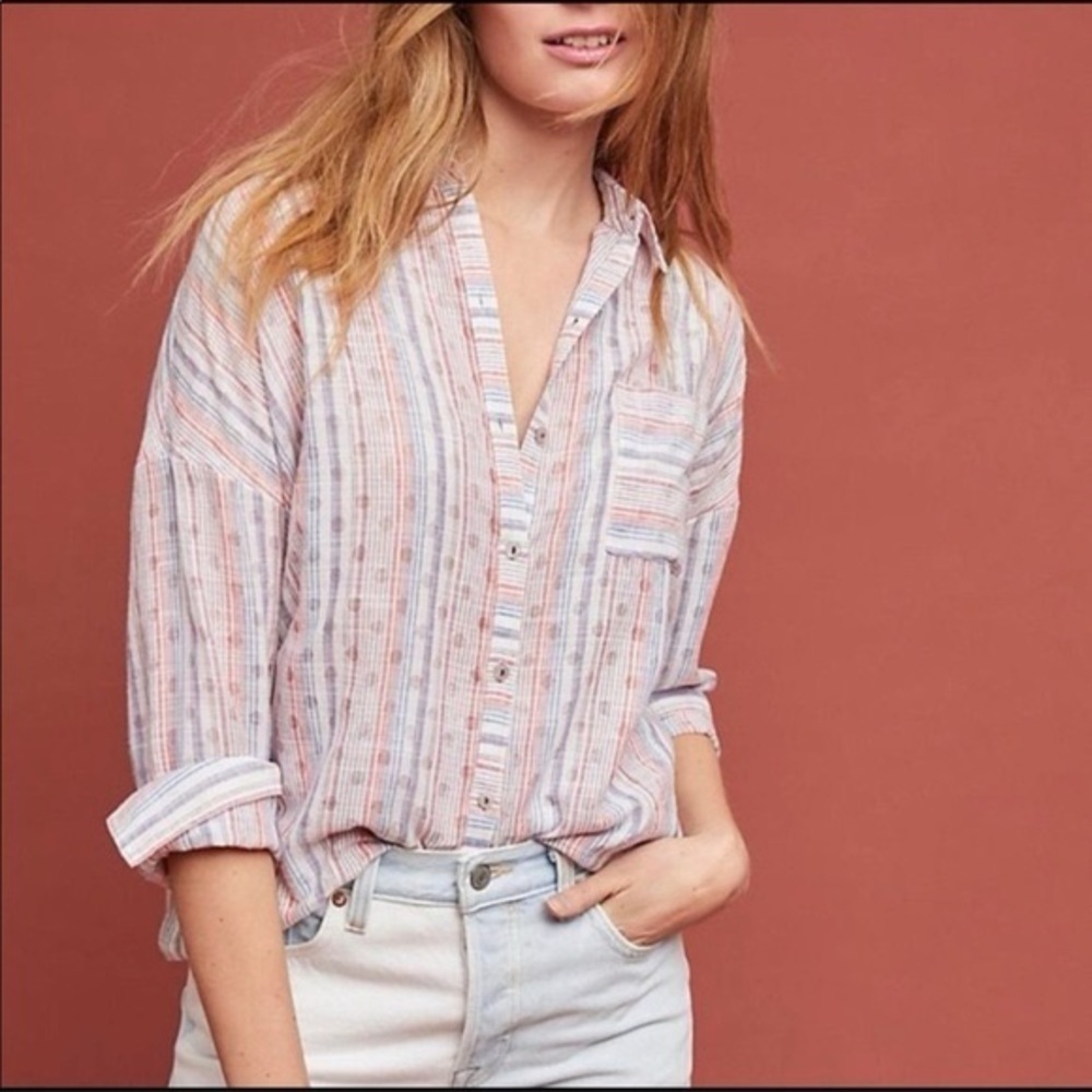 Anthropologie Maeve Breckenridge Striped Button Down Shirt Polka Dot Size XS